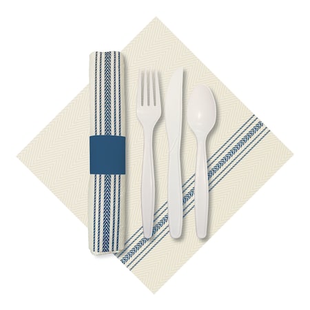 Caterwrap 8" x 4" Pre-rolled Blue Dinner Napkins and EarthWise Cutlery PK 100 PK 120011